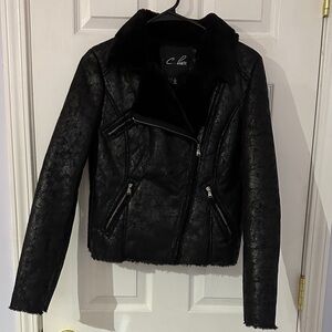 C. Luce Black Faux Leather Jacket with Faux Fur Lining small